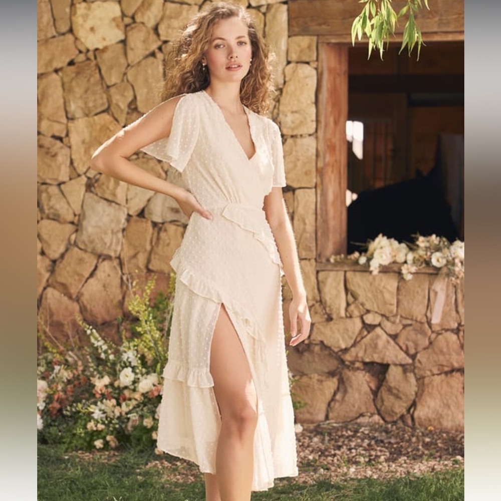 Lulu’s Next to You Cream Swiss Dot Ruffled Midi Dress